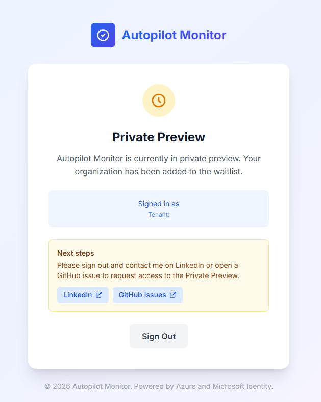 Private Preview waitlist screen